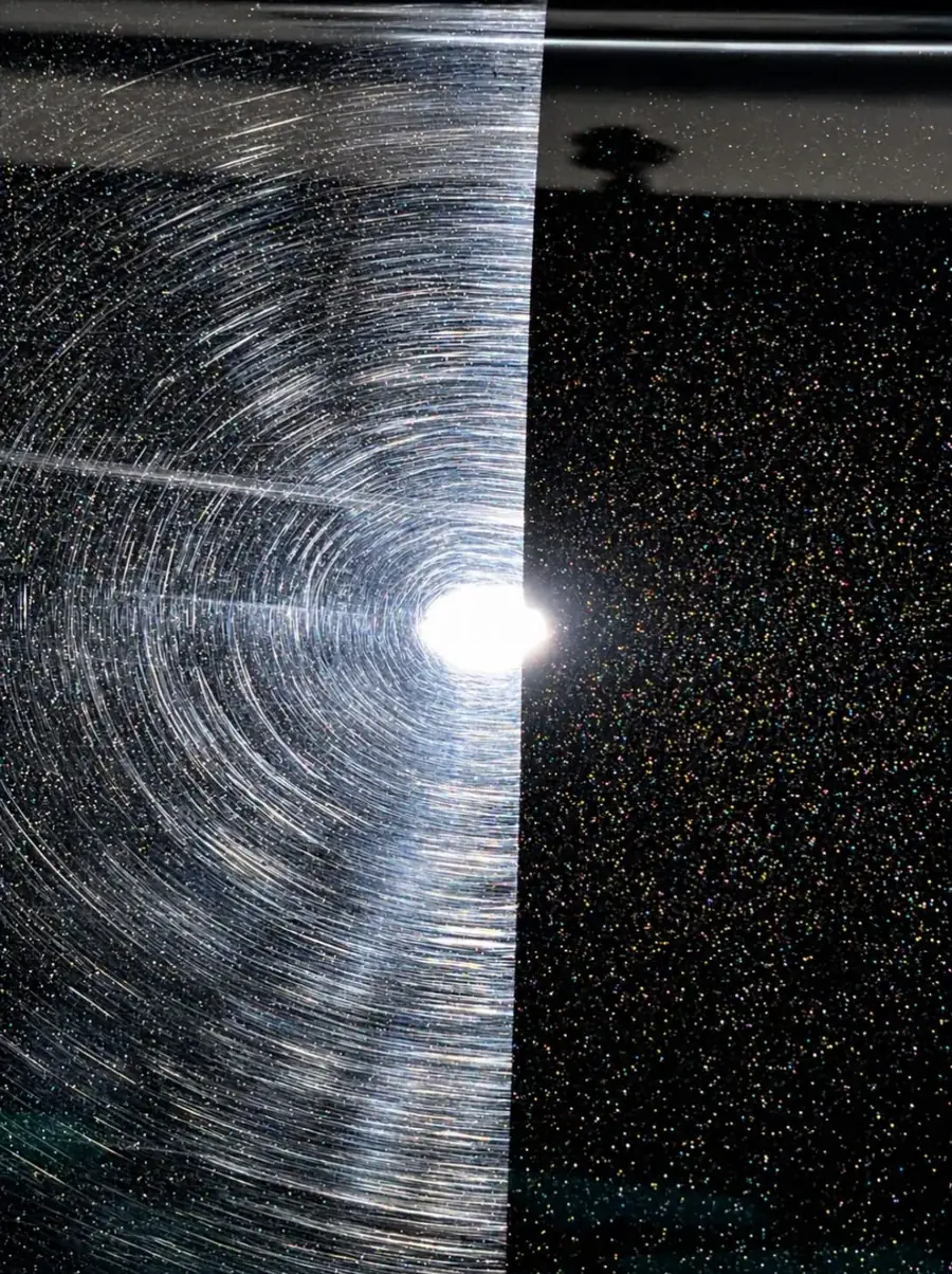 Close-up of black metallic paint under a hard light: dense circular swirl marks on the left, flawless reflection on the right